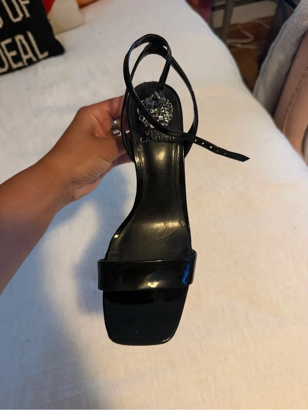 Vince Camuto Black Patent Leather Square-Toe Slingback Heel